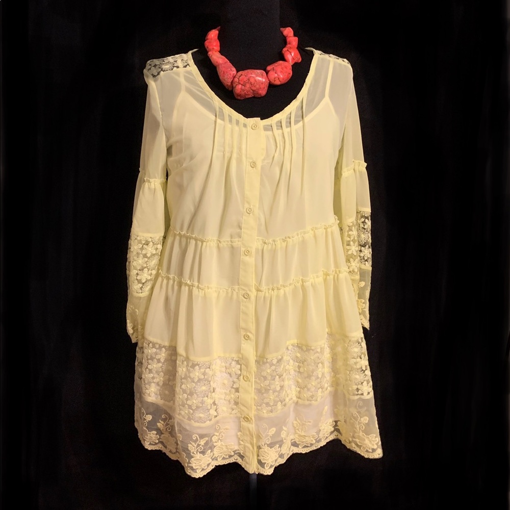 🤎Sheer Yellow and Lace Shirt